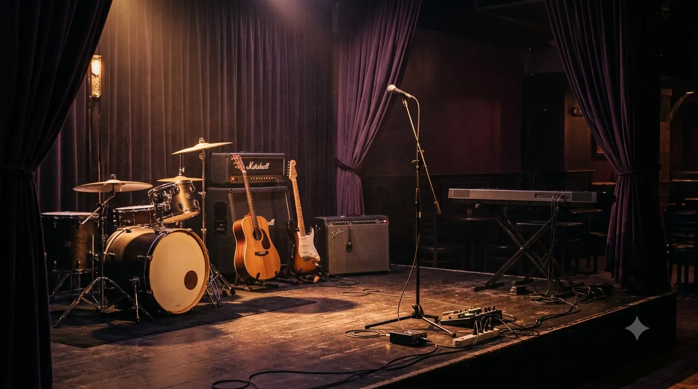An empty stage with a drum kit and amps set up, ready for a band
