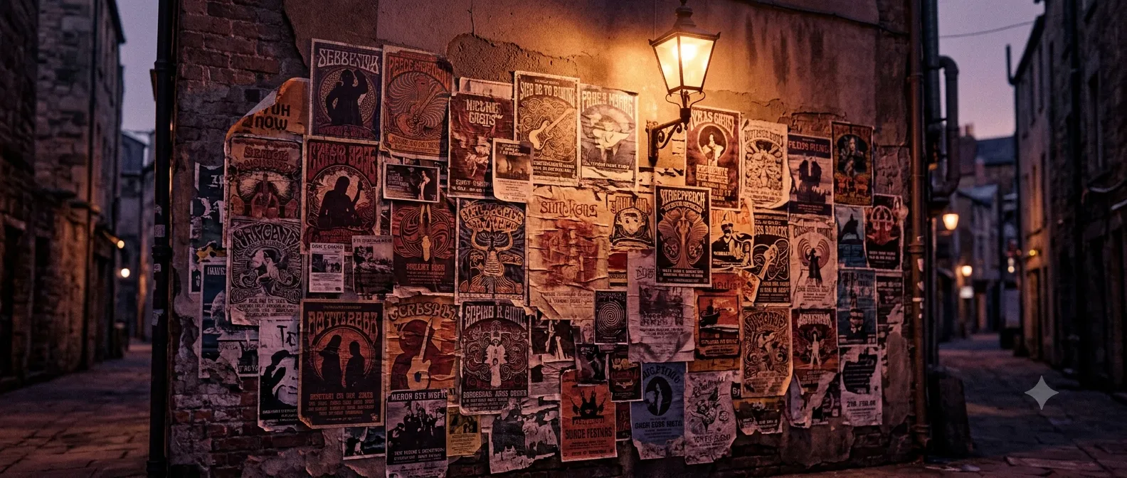 A wall of gig posters lit by a streetlamp