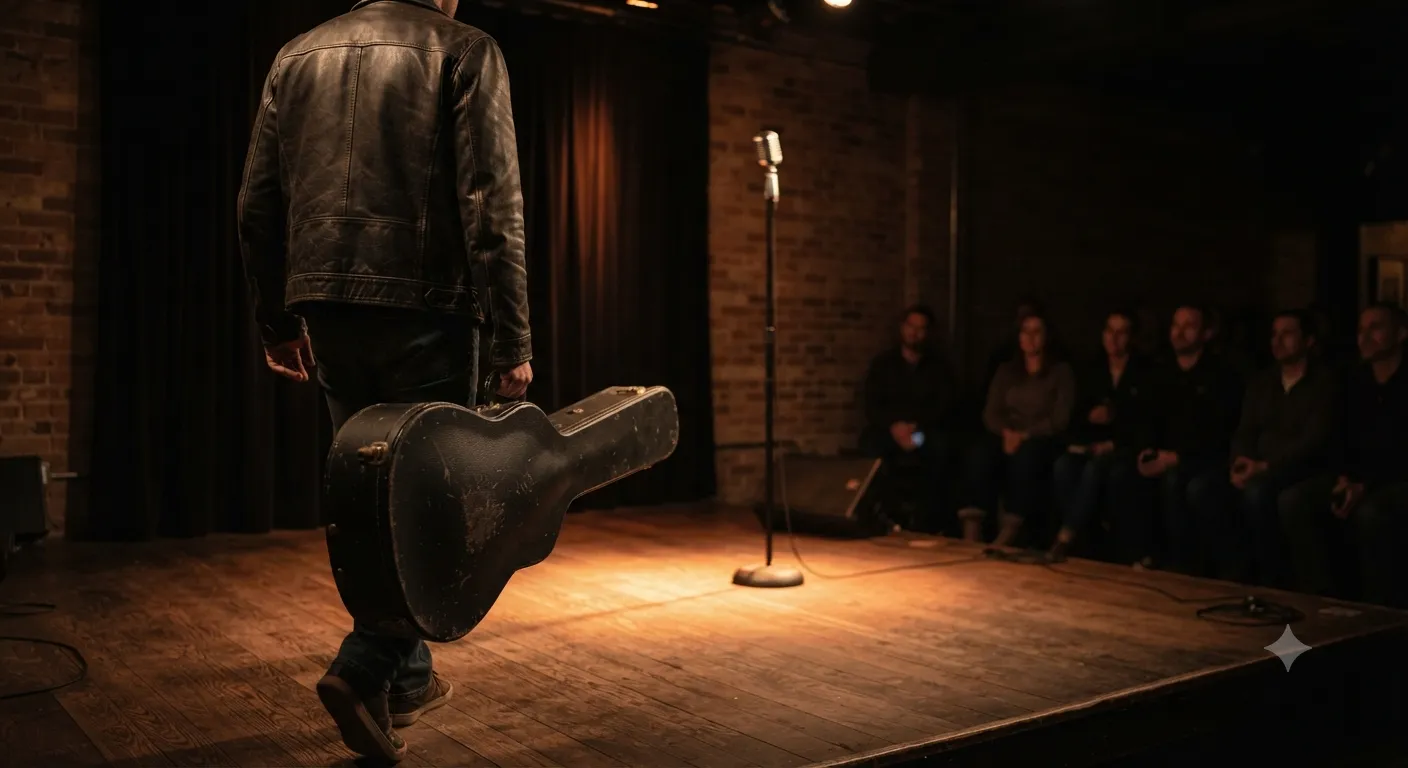 A musician carrying a guitar case walks toward a spotlit stage